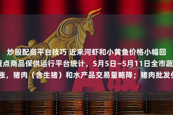 炒股配资平台技巧 近来河虾和小黄鱼价格小幅回落 据杭州市菜篮子重点商品保供运行平台统计，5月5日—5月11日全市蔬菜交易量上涨，猪肉（含生猪）和水产品交易量略降；猪肉批发价略涨，蔬菜整体批发均价小幅下降。